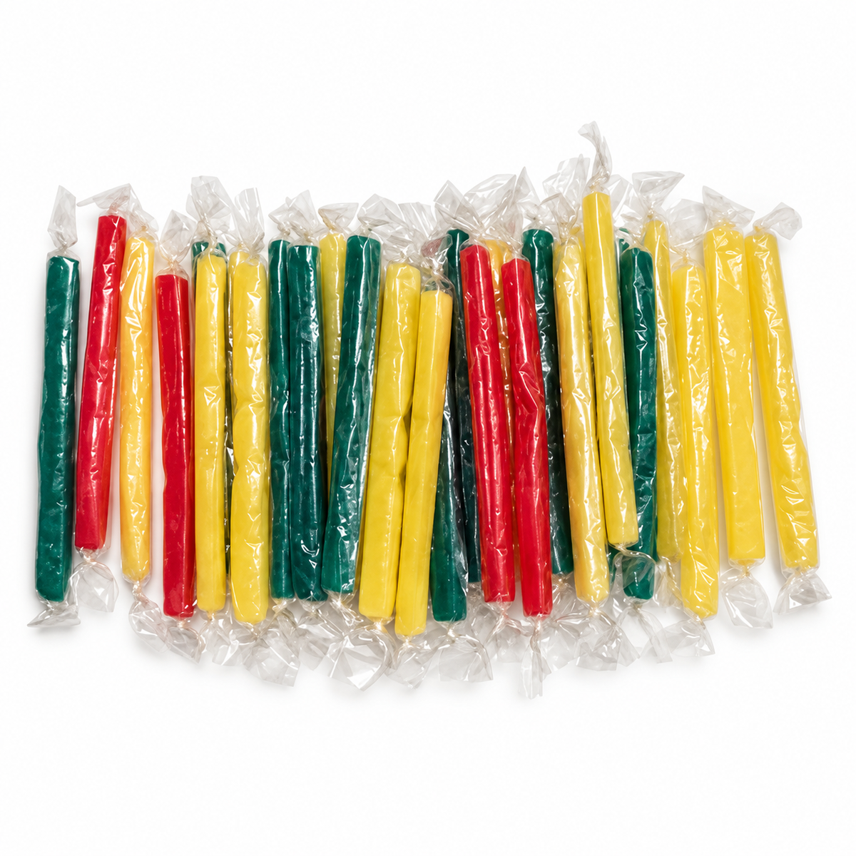 Sucettes Bâtons Multicolores — rouges, jaunes et verts, emballés individuellement